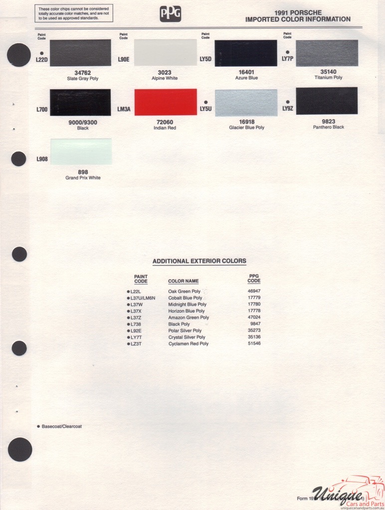 1991 Porsche Paint Charts PPG